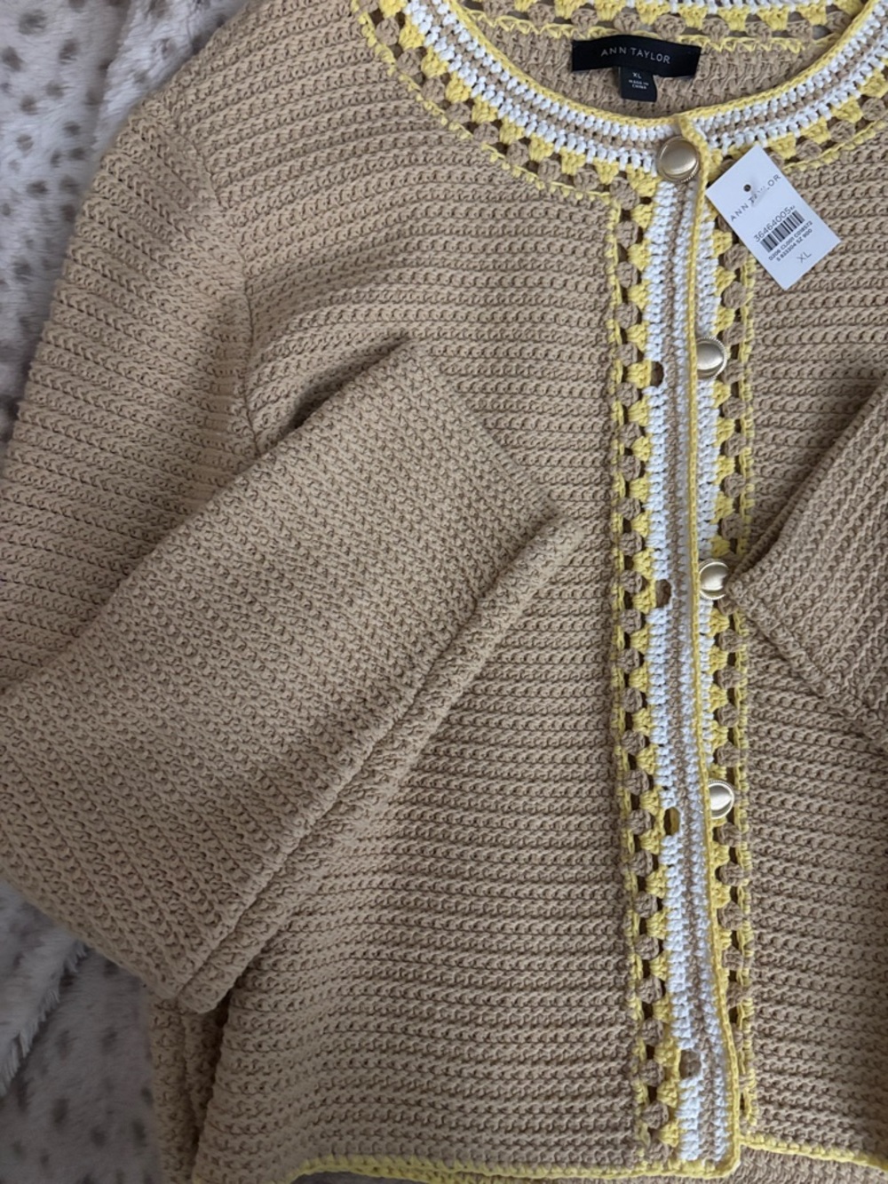 Ann Taylor Beige Crocheted Trim Cardigan with White and Yellow Accents - NWT - Picture 5 of 7